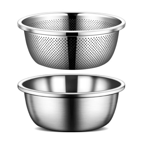 YONGDING 深型ボウル ザル セット 水切りボウル 米とぎ 野菜 果物 洗浄 水切り ?類 湯切り ござる サラダ 調理用ボール 調理器具 外径24cm 深さ9.5cm ステンレス製 (2点セット)