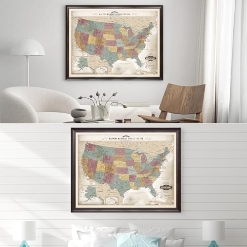 Image of DECORARTS - Oversized Personalized Push Pin Travel Map USA, Custom Name, Pin Board Canvas Wall Art, Vintage Pastel United States Decor, Optional Wood Frame, Giclee Print, Handcrafted in USA, 40x30''