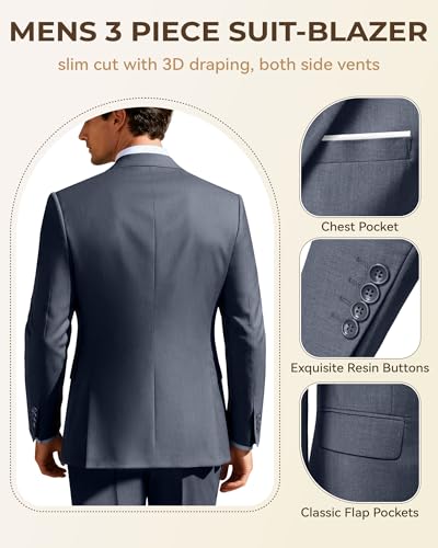 Image of Men's 3 Piece Slim Fit Suit Set, Two Button Blazer Solid Jacket Vest Pants Wedding Business Suit