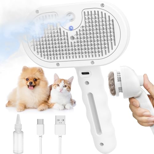 Dog Brush Cat Brushes for Shedding Pet Steam Brush for Dogs Cats Spray Hair Removal Comb Steam Grooming for Long Short Haired Pets Anti-Static Self Cleaning Grooming Tool Removes Loose Hair white