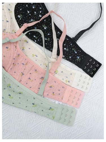 OYOANGLE Girl's Floral Print Training Bra 4 Pack Textured Spaghetti Strap Soft Lightly Padded Bras4