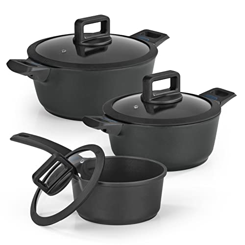 N8WERK Aluguss-Kochtopf-Set, 3x Kochtöpfe ⌀20, 24, 28 cm | Farbwechsel-Temperaturanzeige, Deckel mit Silikon-Umrandung, 3-fach Ilag Ultimate Versiegelung | Alle Herdarten