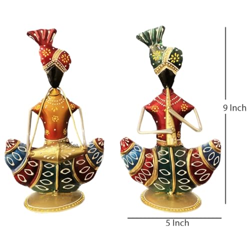 Image of Rajasthani Musician Figurines Set of 2 | Handcrafted Metal Showpiece | 5 x 2 x 9 Inch | Traditional Home Decoration Items for Living Room | Ethnic Table Decor & Gift Item
