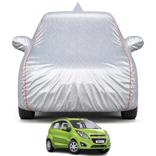 Image of Premium Car Cover for Chevrolet Beat Model | Waterproof, UV & Dust Protection | Mirror & Antenna Pocket | Triple Stitched, Soft Inner Lining, Belt & Buckle (Metalic Silver)