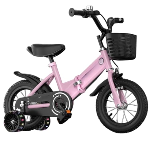 GrdMis折りたたみ自転車 子供用 12/14/16/18/20インチ 補助輪付き 泥除け付属 ハイカーボンスチール製 サドル高さ調節可能 背もたれ付き 広幅光るホイール 男女兼用 3歳〜13歳対応 キッズバイクヘッドライト付き 組み立て簡単 (ピンク,