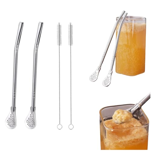 2Pcs Pailles en acier inoxydable,avec cuillère filtrante,pailles à thé détachables,Réutilisables pour thé en vrac,café,boissons,avec 2 brosses de nettoyage,18,5 cm,pour Yerba Mate & Boire