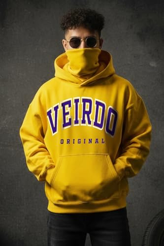 Image of Veirdo Fleece Oversized Baggy Fit Hooded Sweatshirt Drop Shoulder Typographic Logo Printed Full Sleeve Hoodie for Men (Avaiable in Colors: Copper Tan, Rust & Red)