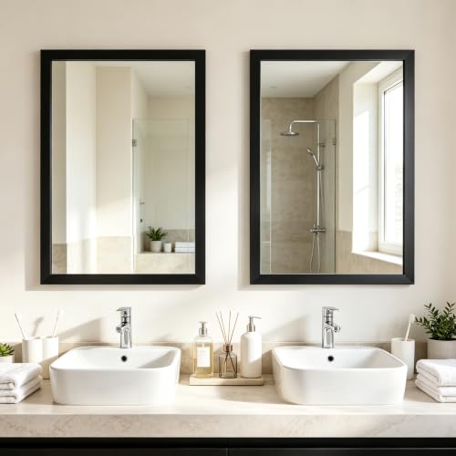 Image of Rectangular Wall Mirror 28x20 Inch Bathroom Mirror for Over Sink, Black