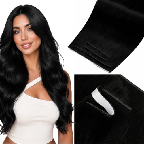 Image of LaaVoo Tape in Weft Hair Extensions Human Hair 20 inch Weft Tape in Extensions Jet Black Invisible Tape Hair Extension Human Hair 1200g 4pcs