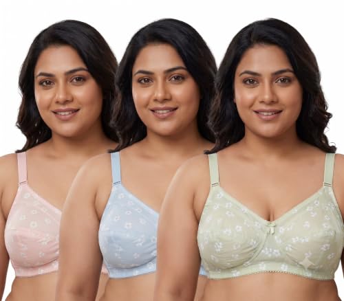 Image of Narsingha Dreams Women's Cotton Blend Floral Printed Non-Padded Plus Size Heavy Bust Minimizer Full Coverage T-Shirt Bra Combo Pack of 3
