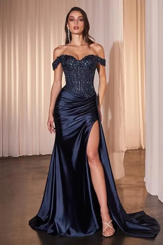 Satin Prom Dresses for Women 2025 Off Shoulder Mermaid Formal Evening Party Gowns with Slit2