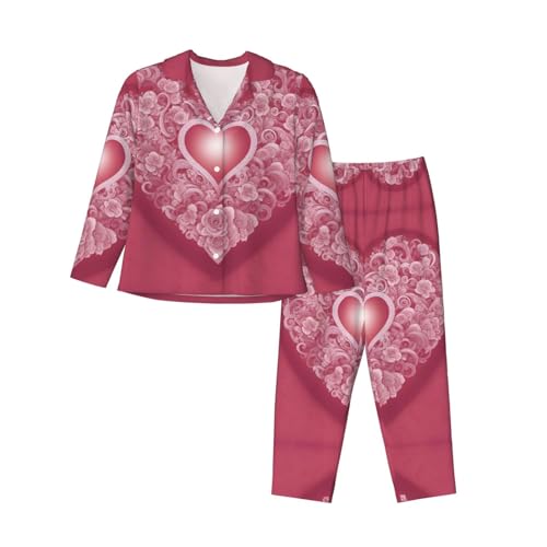 asbwuo Pijama de Manga Larga para Mujer con corazón romántico, Suave, con Botones y Bolsillos Laterales.