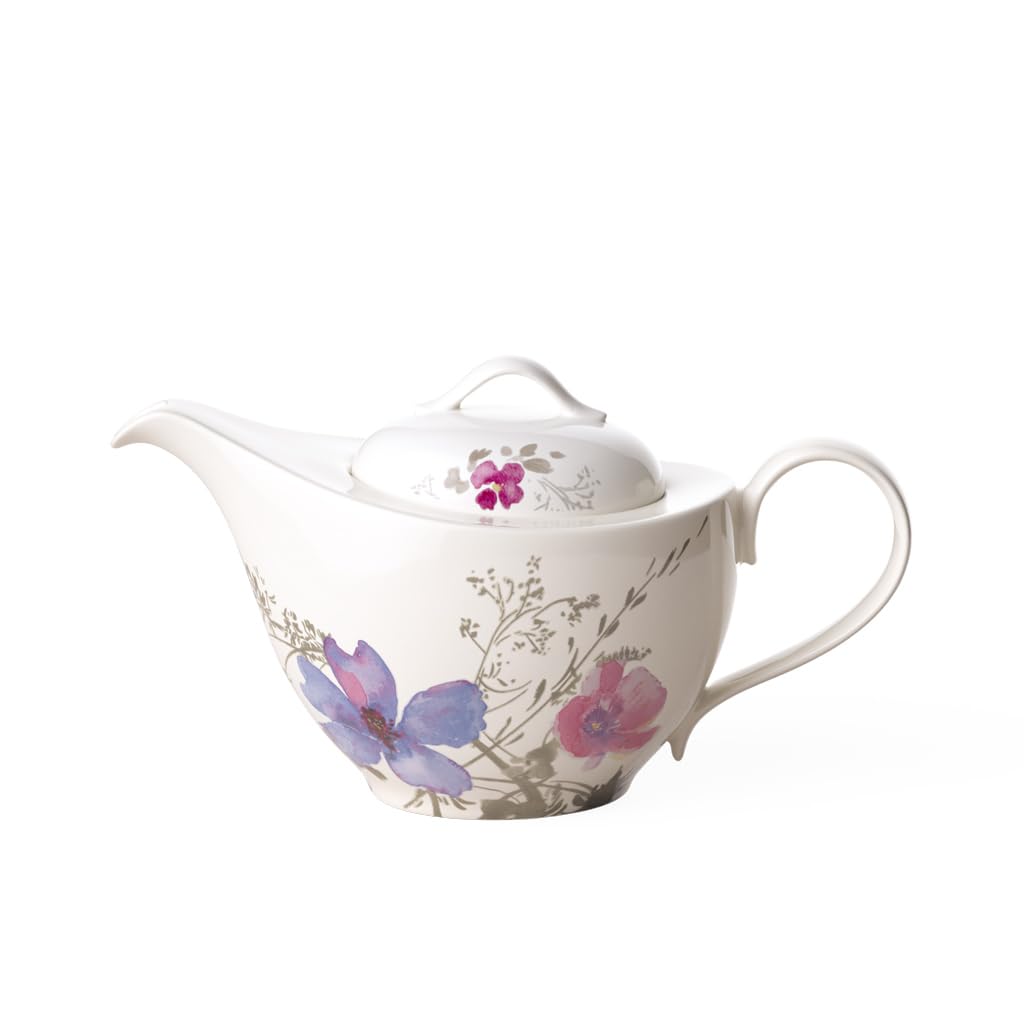 Villeroy und Boch Mariefleur Gris Basic Teekanne, stilvolle Kanne mit filigranem Blumendekor aus Premium Porzellan, spülmaschinenfest, 1.2 L
