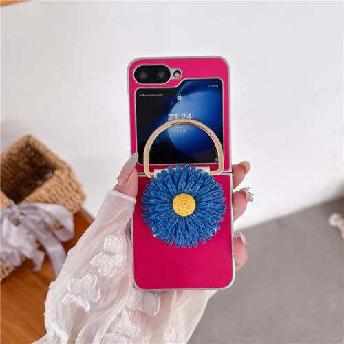 Coque Galaxy Z Flip4 rigide en cuir rose rigide avec anneau antichoc et motif fleur