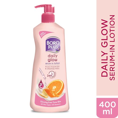 Image of BoroPlus Daily Glow Body Lotion | With Niacinamide, Orange Peel & Triple UV Filters | 24 hrs Moisturisation | For Glowing Even Tone Skin | All Seasons | All Skin Types | No Added Parabens | 400ml