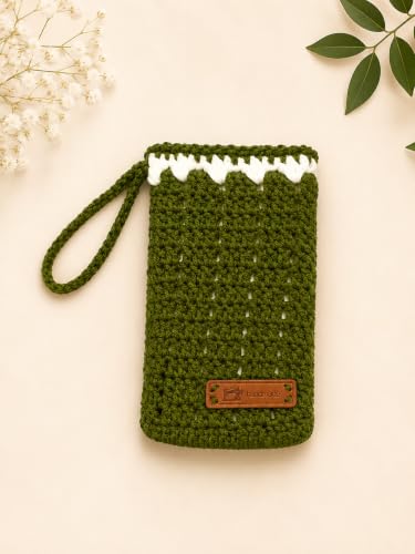 Image of CuddleBerry Co Handmade Crochet Mobile Pouch, Forest Green, with Wrist Strap, Phone Sleeve for Women and Girls