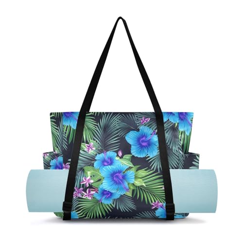 Lxqimora Blue Hibiscus Purple Flowers Yoga Mat Bag for Women Water-Resistant Gym Bag with Yoga Mat Holder Tote Bag for Gym Travel Office Pilates