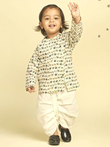Image of POLKA TOTS Premium Cotton Dhoti Kurta Set for Kids Boys | Traditional Angrakha Style Ethnic Wear for Boys | Kurta Dhoti Set for Kids | Festive & Wedding Clothing Set for Baby