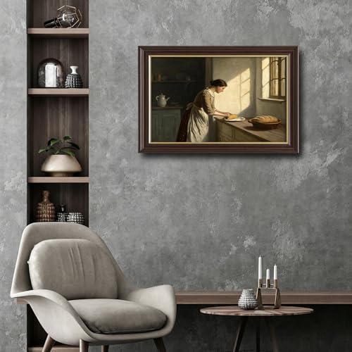 Image of Vintage Framed Kitchen Woman Canvas Art, Antique Bread Making Oil Painting Canvas Prints Pictures, Farmhouse Wall Decor for Living Room Bedroom Dining Room