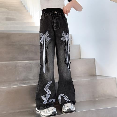 Y2K Flared Cargo Jeans for Girls High Waist Stretch Straight Slim Bow Bell Bottom Fall Lace Streetwear Denim Pants2