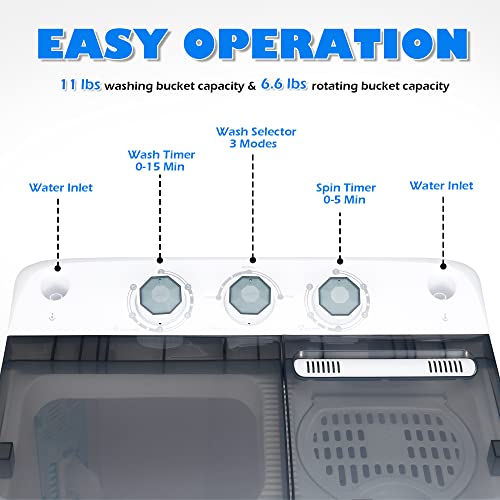Homguava Portable Washer Machine 17.6LBS Capacity Mini Washing Machine 2 in 1 Compact Washer and Dryer Combo Twin Tub Laundry Washer(11LBS) & Spinner (6.6LBS) with Built-In Gravity Drain Pump(GREY)