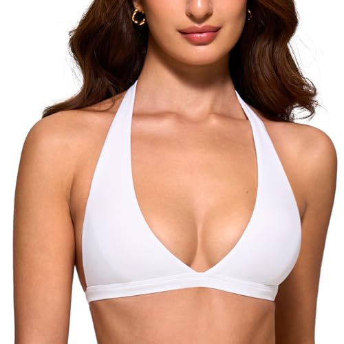 INGIA Womens Deep V-Neck Halter Longline Sports Bra Padded Low Back Low Impact Fitness Yoga Bra Workout Crop Top White Small