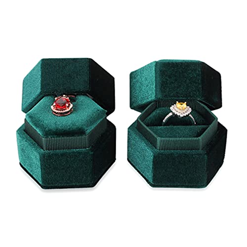 Isuperb 2Pcs Ring Box Velvet Pendant Box Vintage Hexagon Wedding Ceremony Jewelry Box Ring Holder Gift Case For Engagement Wedding Ceremony Birthday Christmas Photography (Green) #TOP13