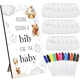 Panitay 43 Pcs Baby Shower Games White Bibs Design, Include Wooden Baby Shower Game Sign, 30 DIY Blank White Bibs, 12 Markers for Gender Reveal Party Decorating Supplies(Bear)