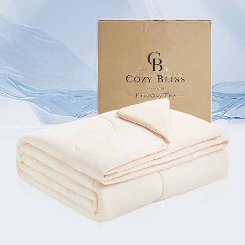 Cozy Bliss Cooling Comforter Queen Size x Sorona Viscose Natural Fiber Reversible Silky Smooth Cooling Blanket with Q-Max0.45 for Hot Sleepers & Night Sweats Ivory White 90x90