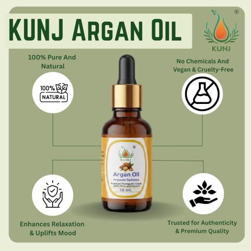 Image of KUNJ Argan Oil for Hair, Face, Skin & Nails 30ml - 100% Pure & Natural Cold Pressed Undiluted Carrier Oil | Helps Moisturize Skin, Nourish Hair, Control Frizz & Add Shine | Lightweight Beauty Oil