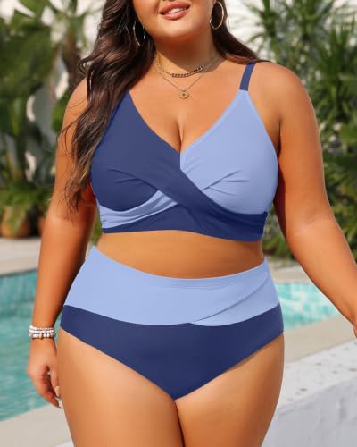 Image of Tempt Me Plus Size High Waisted Two Piece Swimsuit Color Block Bikini Set | Removable Padded Cups for Large Bust, Twist front Design, Color Block Style, Adjustable Straps