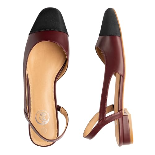 Image of Trary Slingback Flats for Women, Black Dressy Comfortable Round Square Toe Shoes, Work Office Casual Ankle Strap Dress Flats