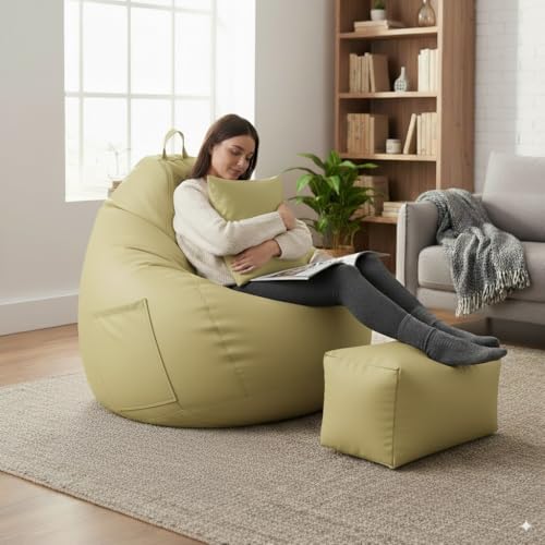 Image of 4XL Premium Leatherette Bean Bag with Rectangular Footrest & 16x16 Inch Cushion | High Density Beans Filled | Side Pocket & Easy to Carry Handle | 6 Months Warranty Color- (Olive Green, 4XL)