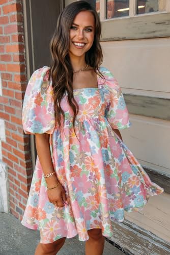 Adorable A-Line Mini Dress: Pink Summer Floral Square Neck Babydoll4