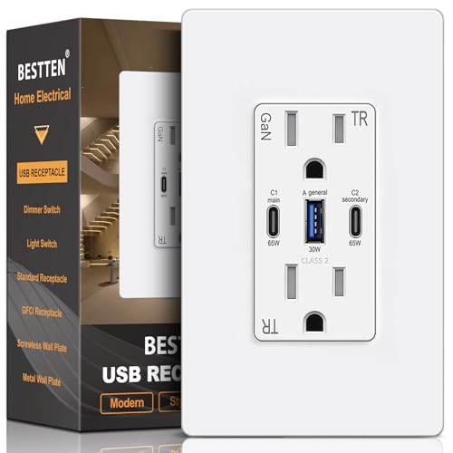 BESTTEN GaN 65W USB C Wall Outlet for Laptop, 3-Port USB Outlet with 15A Tamper-Resistant Electrical Outlet, 2 Type-C & 1 Type-A Ports USB Receptacle, Screwless Wallplate Included, ETL Listed, White