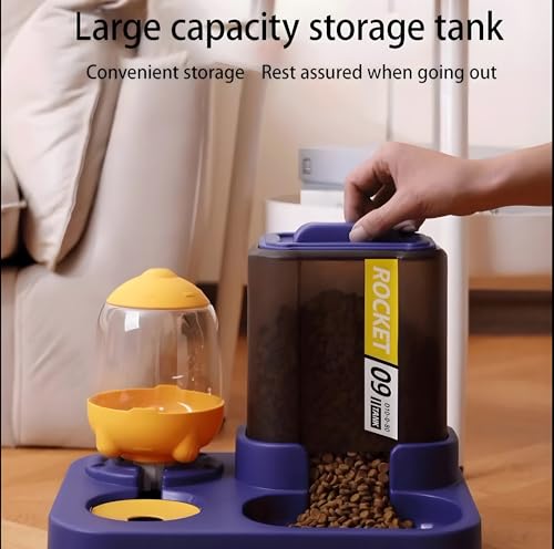 Image of 24x7 eMall 2 in 1 Automatic Water and Food Feeder Dispenser for Small Medium Big Dog Pets Puppy Kittens, Gravity Design Pet Auto Feeder Cat Food Dispenser and Auto Dog Water Dispenser 1 L Space Blue