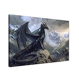 ARNLRDYA Black Dragon Wall Art Canvas Print Pterodactyl Picture Giant Fantasy Dragons Painting Dragon on Mountain Poster Frame for Boys Men Room Bedroom Decor Ready to Hang(36''Wx24''H)