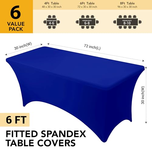 Dailyset 6-Pack Premium Royal Blue Spandex Tablecloths for 6ft Rectangle Tables, Stain & Wrinkle-Resistant, Washable Stretch Polyester Fitted Table Cover for Weddings, Banquets, Events, Parties
