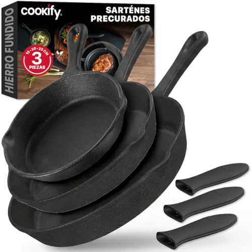 Catálogo para Comprar On-line Sarten Cerafit Fusion Precio los mejores 10. 43 Cookify Sartén de Hierro Fundido con Funda de silicón, Precurado, Cast Iron Skillet (Set 3 piezas)