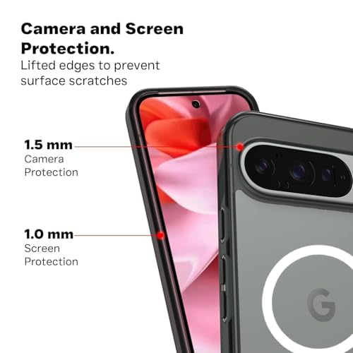 Image of RIGGEAR Shockproof Clear Hybrid Armor Back Cover Case Compatible with MagSafe Accessories for Google Pixel 9 / Pixel 9 Pro (Transparent PC + Clear Black Bumper)(White MagRing)