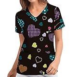 Fashion Women's Valentine's Day Workwear T-Shirt Short Sleeve V Neck Heart Print Scrub_Tops with...