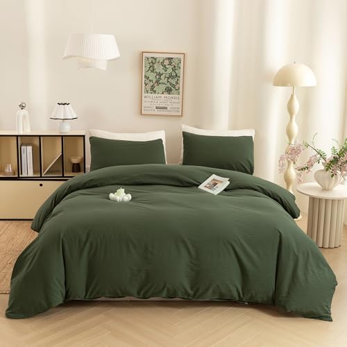 ECOCOTT 3 Pieces Duvet Cover Queen 100% Washed Cotton 1 Duvet Cover with Zipper and 2...