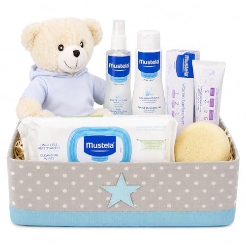 Mirifarma Canastilla Bebé Junior Cesta Bebé Regalo Con Caja Multiusos Estrella Y Peluche Osito Gel Dermolimpiador, Colonia Bebé, Crema Bálsamo, Toallitas Suavizantes Y Esponja De Baño Azul