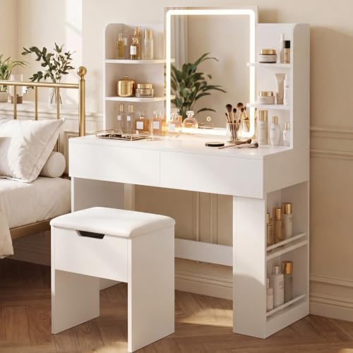 Image of YESHOMY 35.4 inch Vanity Desk with LED Mirror and Lights,Makeup Vanity Set with 2 Storage Drawers, 2 Side Shelves, 1 Storage Bench and Open Storage Shelves, 3 Color Modes, for Bedroom, Modern White
