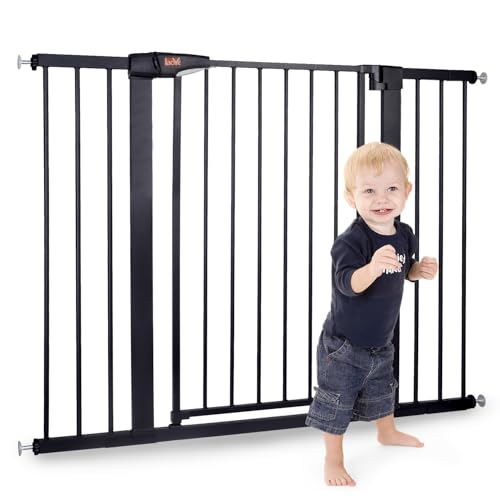 LAOYE cancelletto per bambini, Cancelletto per scale senza trapano, altezza extra alta 76 cm, larghezza 75-124 cm con 3 estensioni, per bambini, cani gatti, chiusura automatica arresto a 90°-Nero