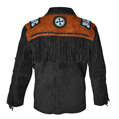 Image of LEATHERAY Western Leather Jackets for Men Cowboy Leather Jacket and Fringe Beaded Coat Suede Leather Shirt Black M