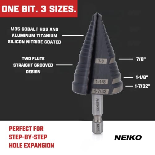 Image of NEIKO 10636B Step Drill Bit, 3 Steps 7 /8 inch to 1-7 /32 inch Straight M35 Cobalt, AlTiSiN Coated, 1 /4 inch Quick Change Step Bits for Steel, Metal, Wood, Plastic, Unibit Cone Drill Bits, Two Flute