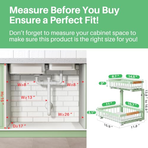 Image of Kitstorack Under Sink Organizer, 2 Tier Under the Sink Storage, Slide out Pull out Cabinet Organizer Shelf, Metal Sliding Drawer for Kitchen Bathroom Pantry Closet Organization Rack, Green, 2 Pack