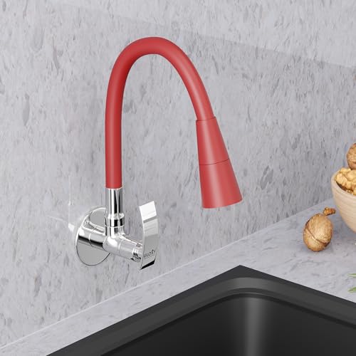 Image of Gloxy Wall Mount Faucet for Kitchen Sink with Chrome Finished Touch Lever - 20-Inch Red Silicone Flexible Leak Proof Spout & Splash Free Dual Flow Nozzle