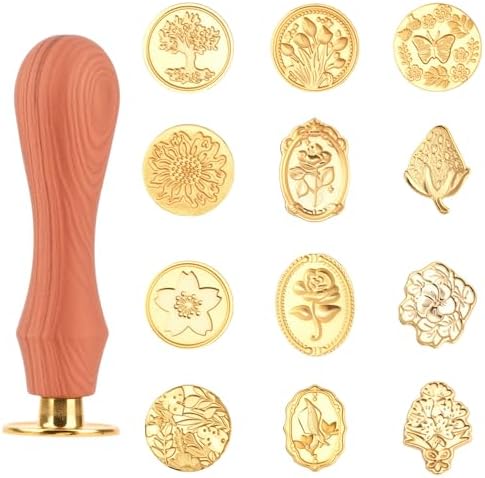 13 Pcs Wax Seal Stamp Kit 12 Pcs Sealing Wax Stamp Heads with Wooden Handle for Letter Wedding Party Invitations Gift Wrapping Encapsulation Greeting Cards Flower Floral